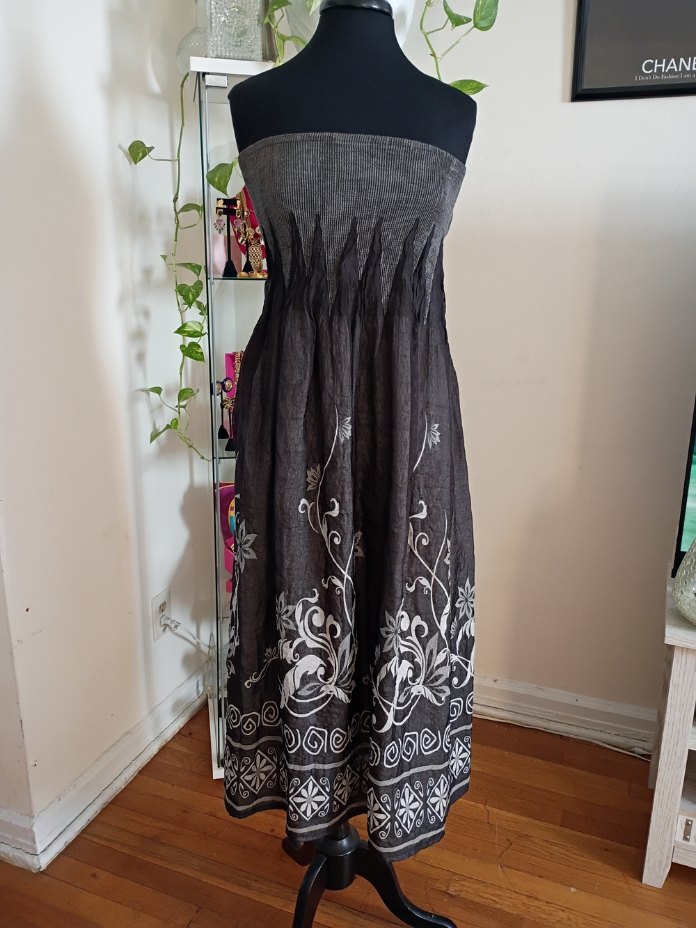 Anthropologie Strapless Black Floral Maxi Dress